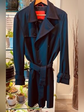Isaia Napoli Navy Blue Trench Coat with Belt XL